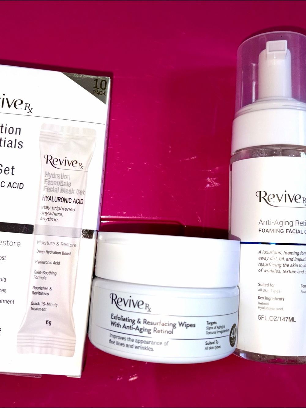 3 PC Revive Rx Bundle: Hydration 10 PK face mask, retinol cleanser & 40 ct wipes